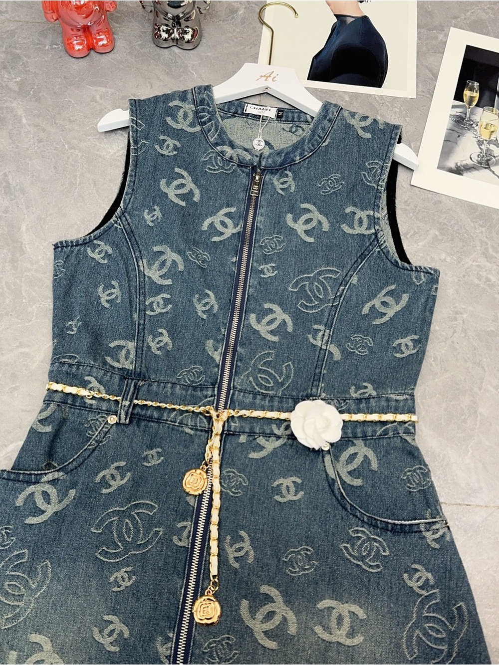CHANEL Dark Blue Denim Logo Zip-Front Mini Dress with Gold-Tone Rope Belt - Picture 3 of 9